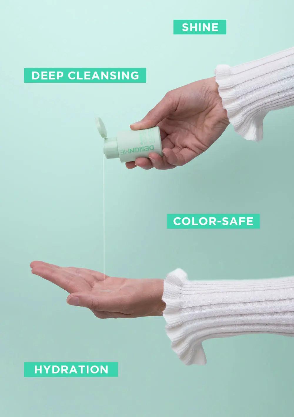 Person pouring hydrating shampoo from a small bottle onto their hand with text: Shine, Deep Cleansing, Color-Safe, Hydration.