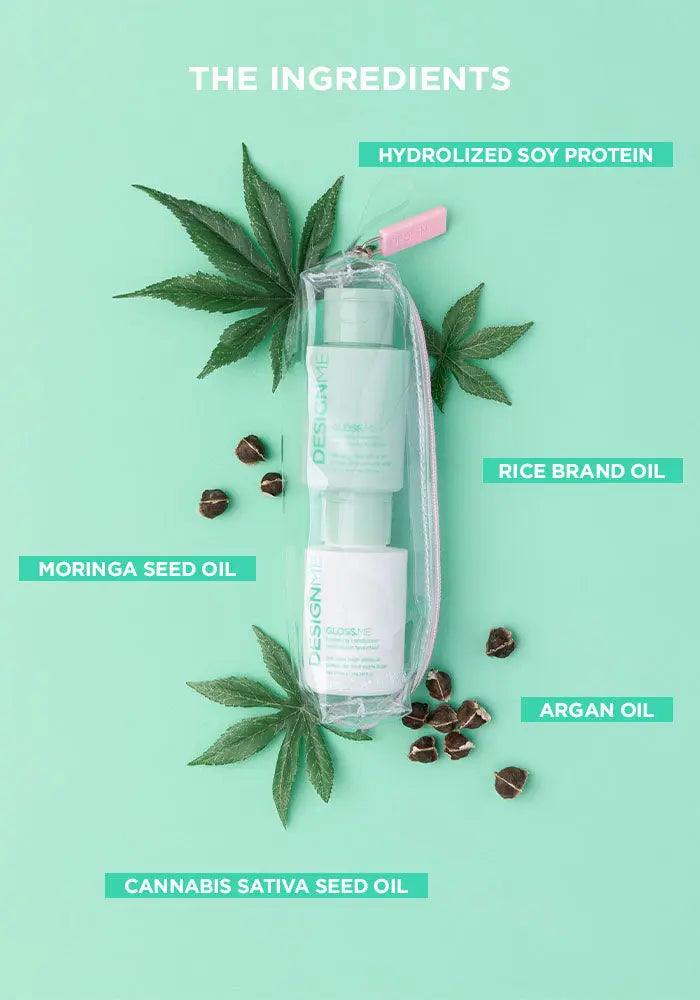 Hydrating Shampoo & Conditioner Ornament with natural ingredients like soy protein, rice bran, moringa, argan, and cannabis sativa oils.