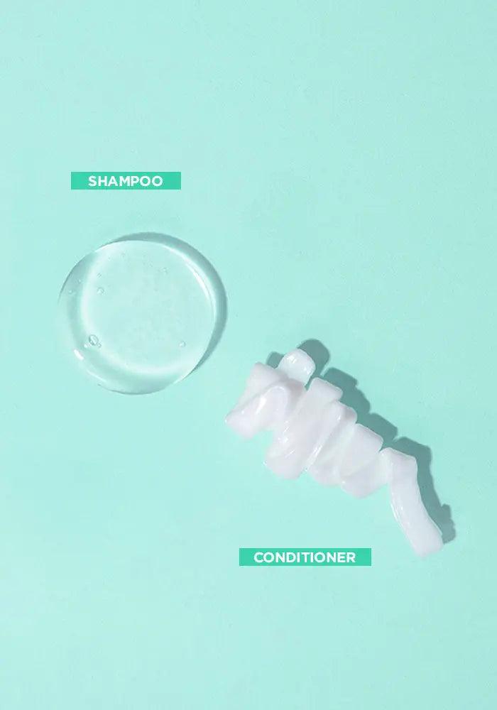 Hydrating shampoo and conditioner textures on mint green background, labeled for identification, showcasing creamy and clear formulas.