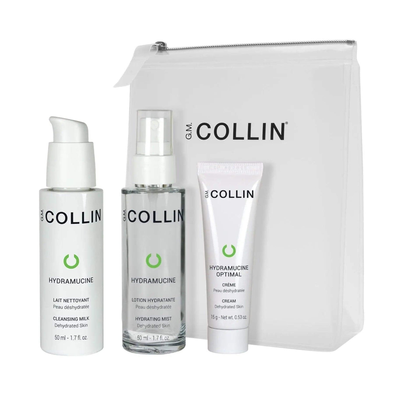 Hydrating Travel Kit with cleansing milk, treating mist, and optimal cream; ideal for skincare on the go.