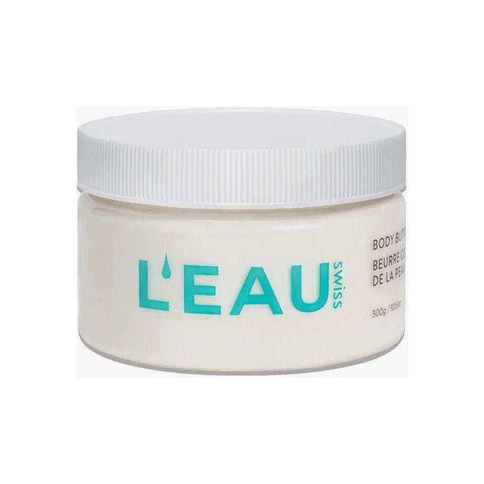 L'EAU Swiss Hydration Body Butter jar for deep skin hydration and elasticity, featuring nourishing cocoa formula.