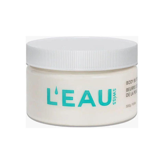 L'EAU Swiss Hydration Body Butter jar for deep skin hydration and elasticity, featuring nourishing cocoa formula.