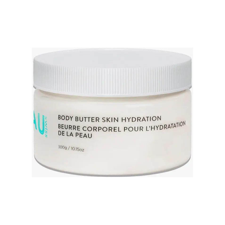 Hydration Body Butter jar for deep skin hydration and elasticity, featuring a creamy cocoa formula for dry skin rejuvenation.