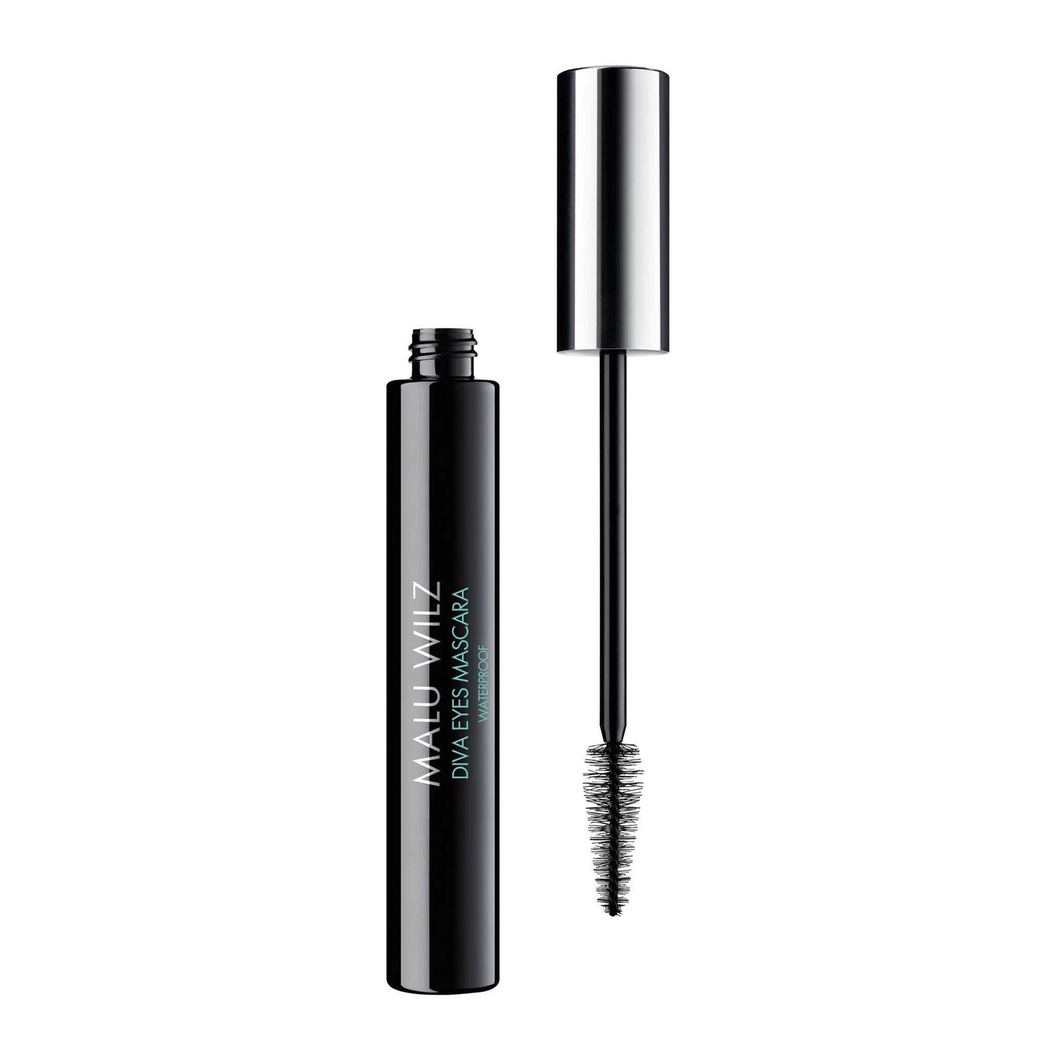 Malu Wilz Waterproof Diva Eyes Noir Mascara 12ml with open brush, providing volume and length without smudging or flaking.
