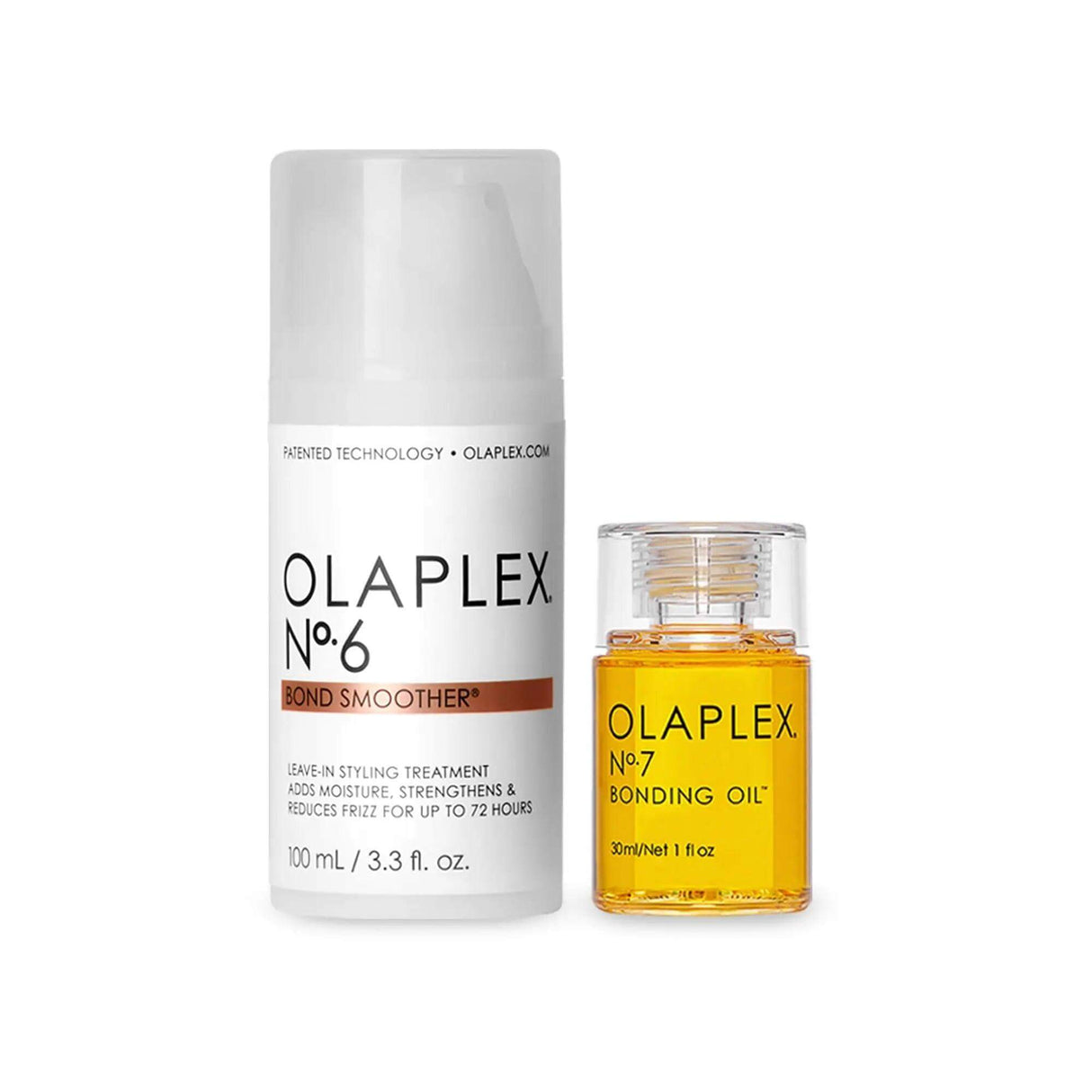 Iconic Styling Duo: No.6 Bond Smoother and No.7 Bonding Oil for hair protection and frizz control.