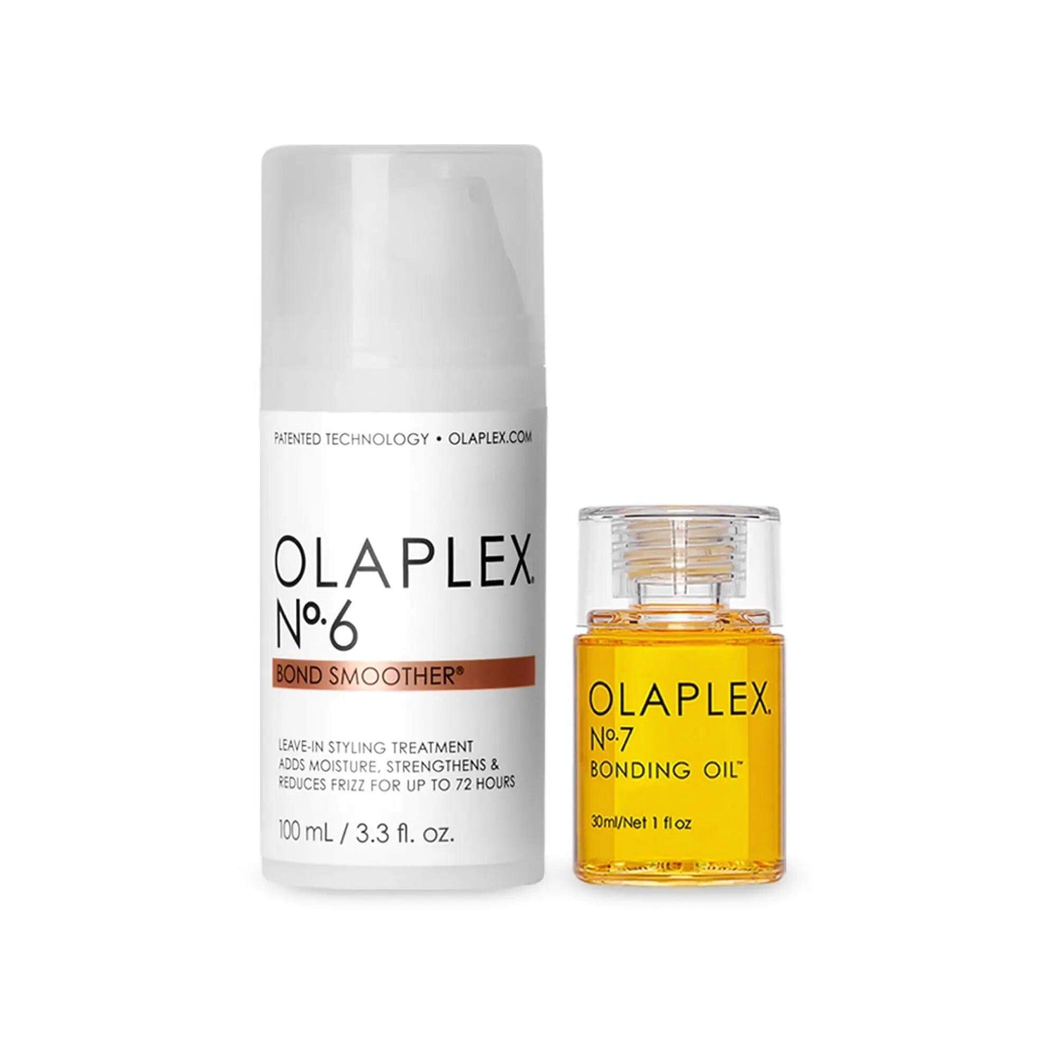 Iconic Styling Duo: No.6 Bond Smoother and No.7 Bonding Oil for hair protection and frizz control.