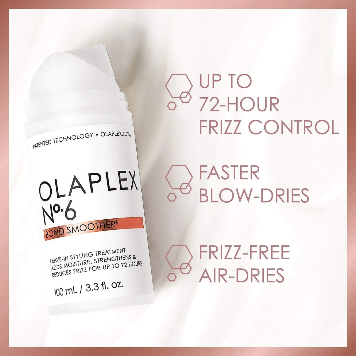 Olaplex No.6 Bond Smoother bottle with 72-hour frizz control benefits listed on beige background.