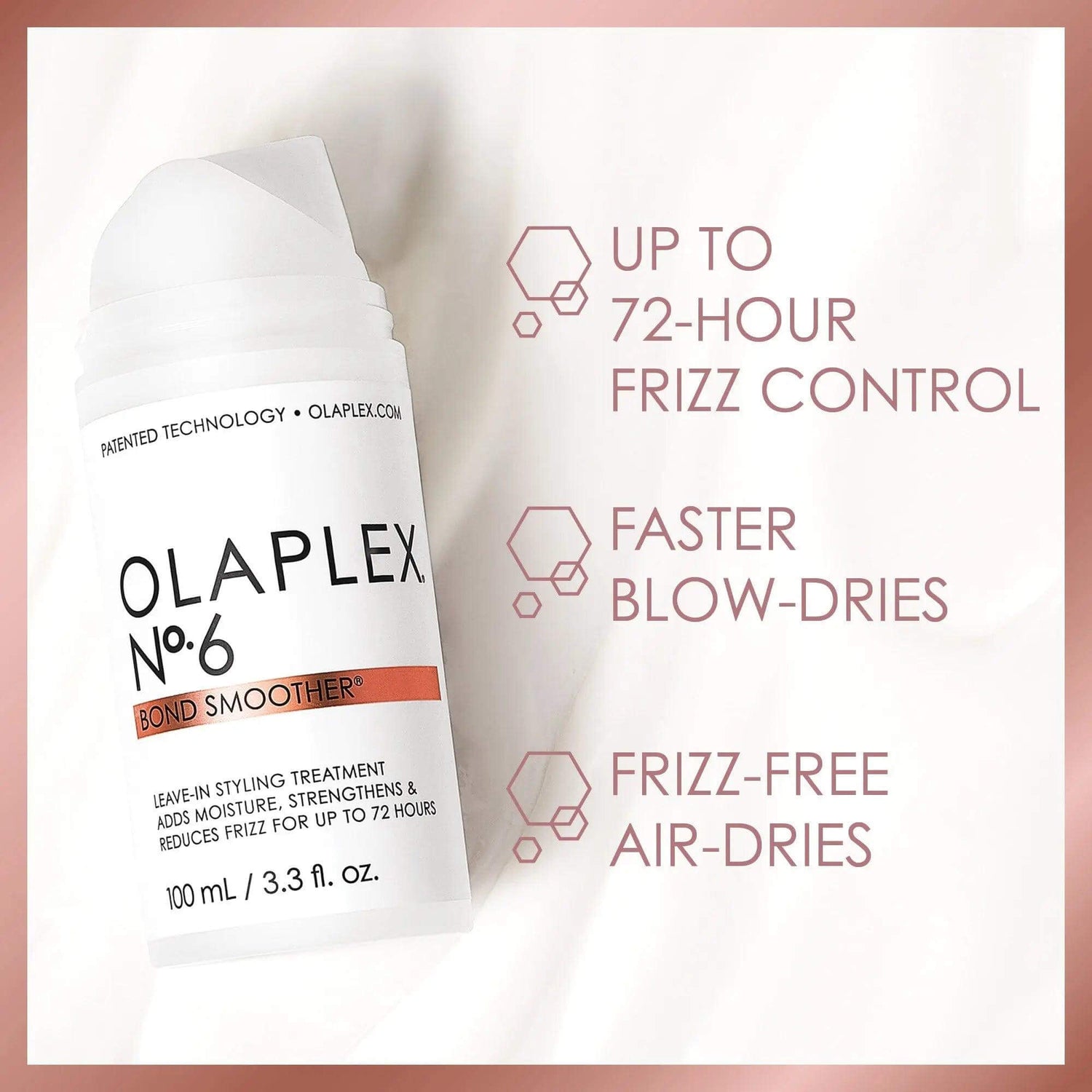 Olaplex No.6 Bond Smoother bottle with 72-hour frizz control benefits listed on beige background.