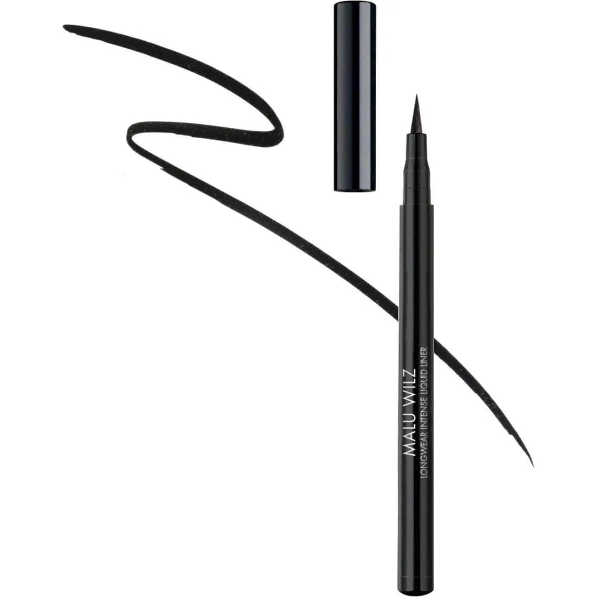 Malu Wilz Intense Long-Lasting Liquid Eyeliner in Black with cap off, showcasing precise lines and sleek design.