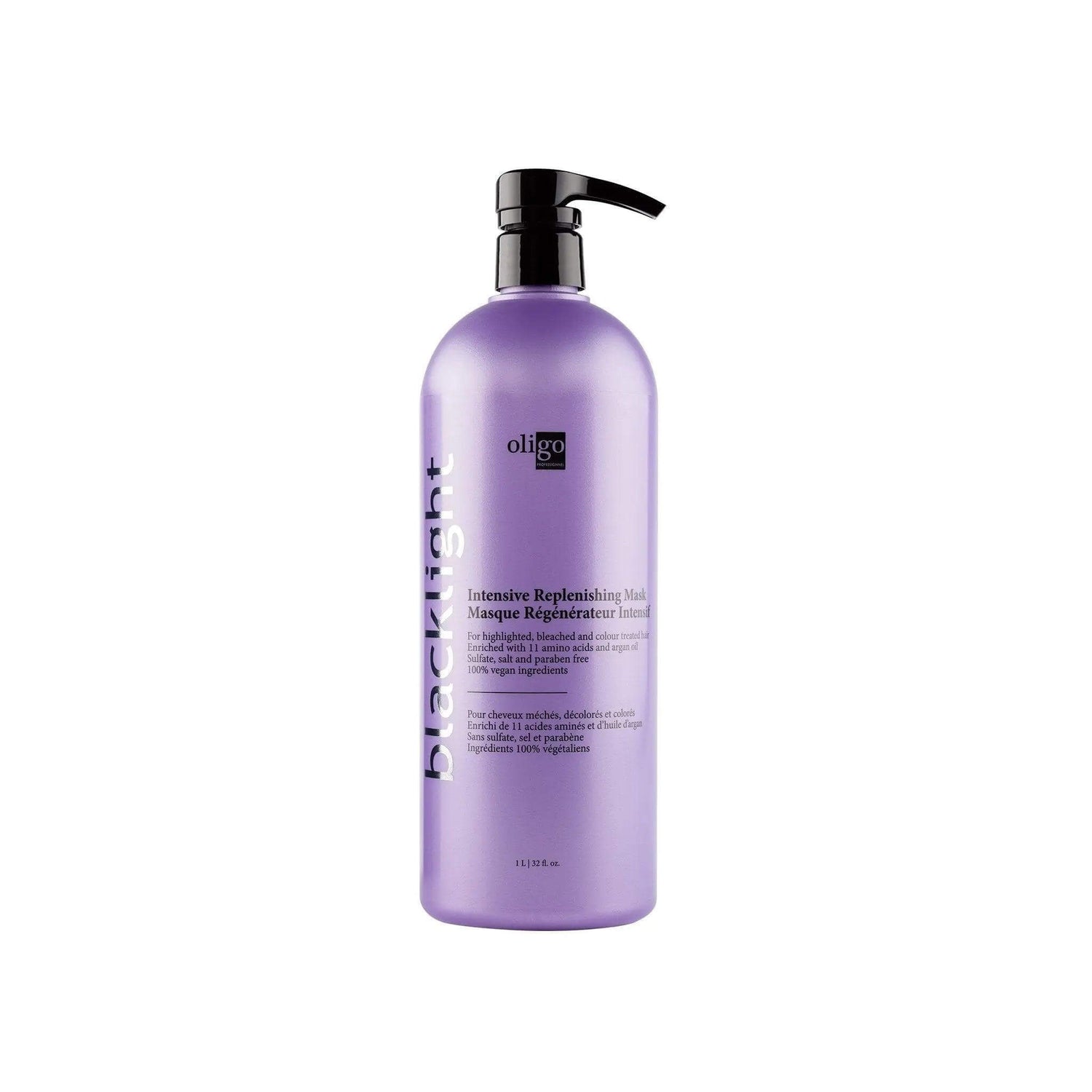 Blacklight Intensive Replenishing Mask with amino acids and argan oil for hair hydration and repair in a purple bottle
