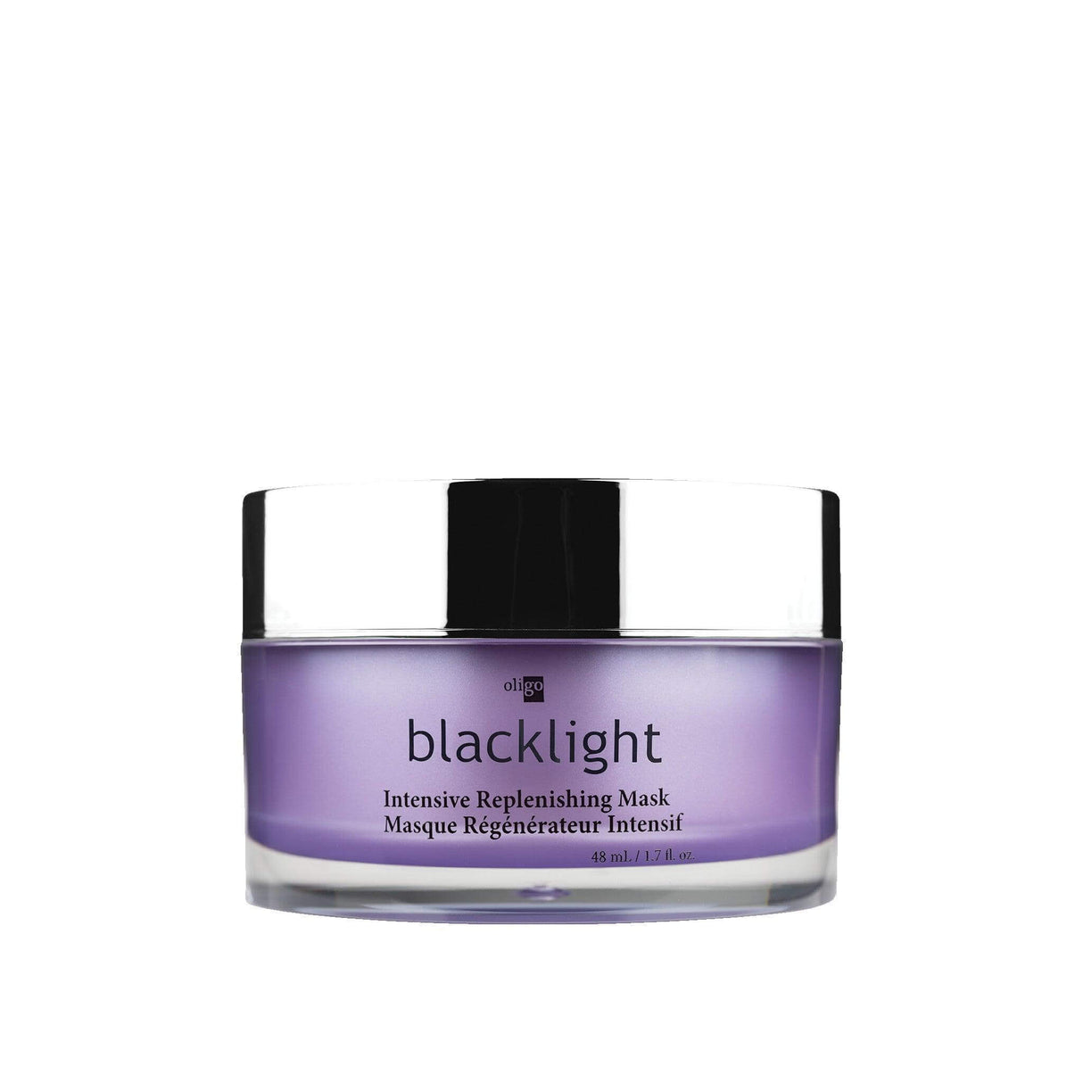 Blacklight Intensive Replenishing Mask with amino acids and argan oil in a purple jar, hydrating and repairing hair product.