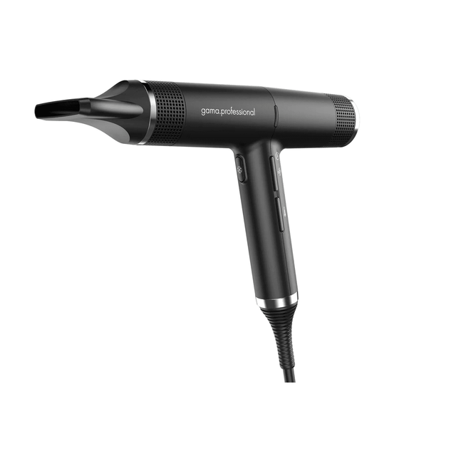 Black IQ Perfetto hair dryer with ergonomic design and concentrator nozzle, featuring powerful 110,000 RPM brushless motor.