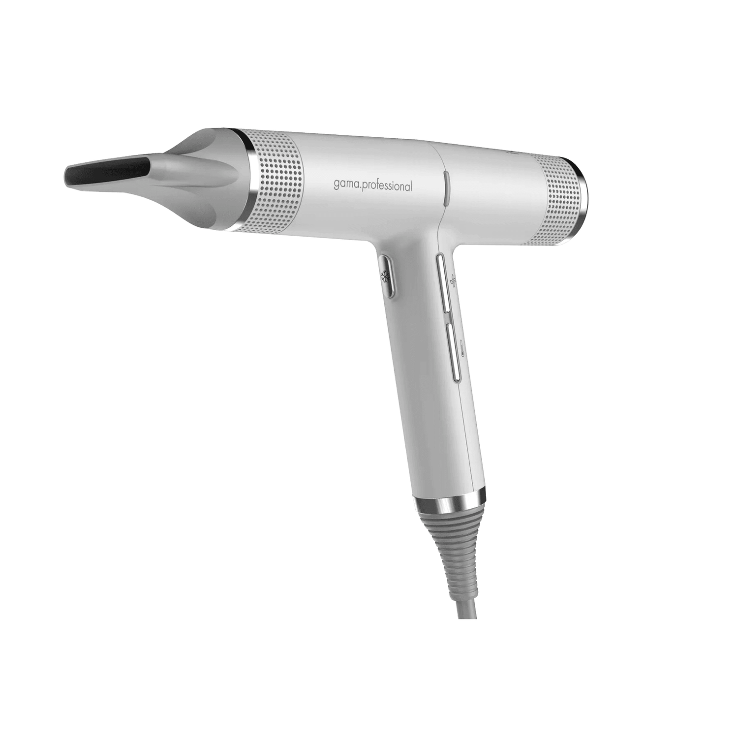 IQ Perfetto hair dryer with ergonomic design and powerful brushless motor, featuring a concentrator nozzle for professional styling.