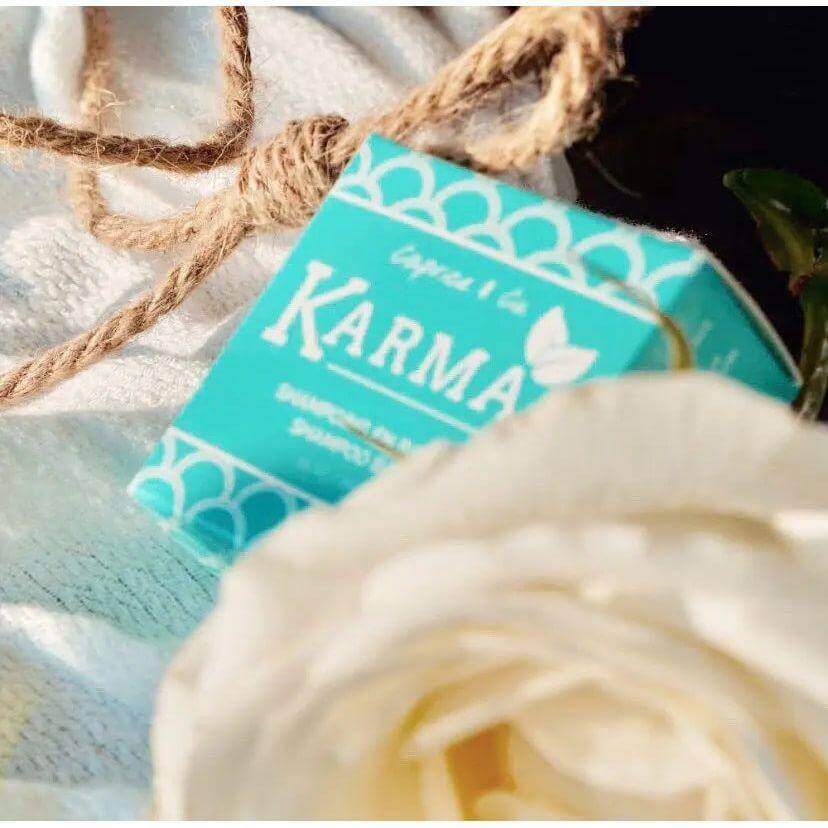 Karma Shampoo Bar with organic ingredients and eco-friendly packaging, handcrafted in Quebec for normal hair types.