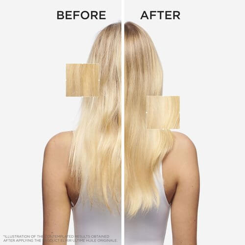 Before and after comparison of hair using Kérastase Elixir Ultime Hair Oil showing smoother, shinier, and healthier appearance.