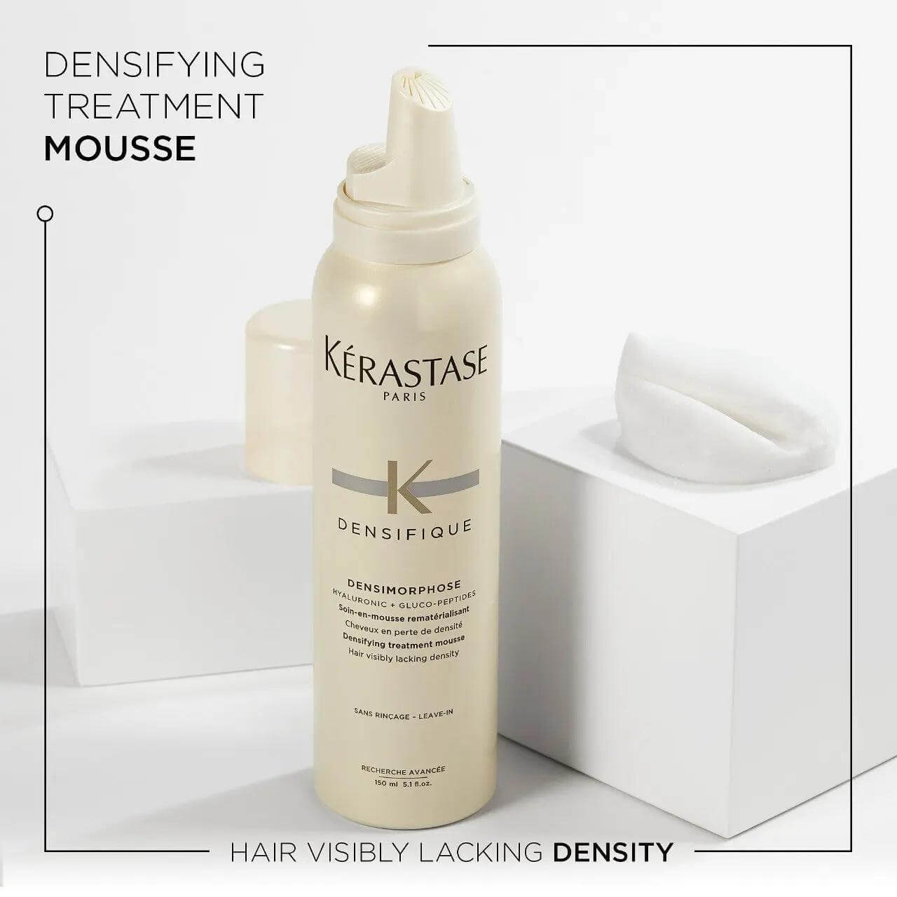 Kérastase Densimorphose Leave-In Thickening Mousse for fine, thinning hair, enhances body and volume, product packaging.