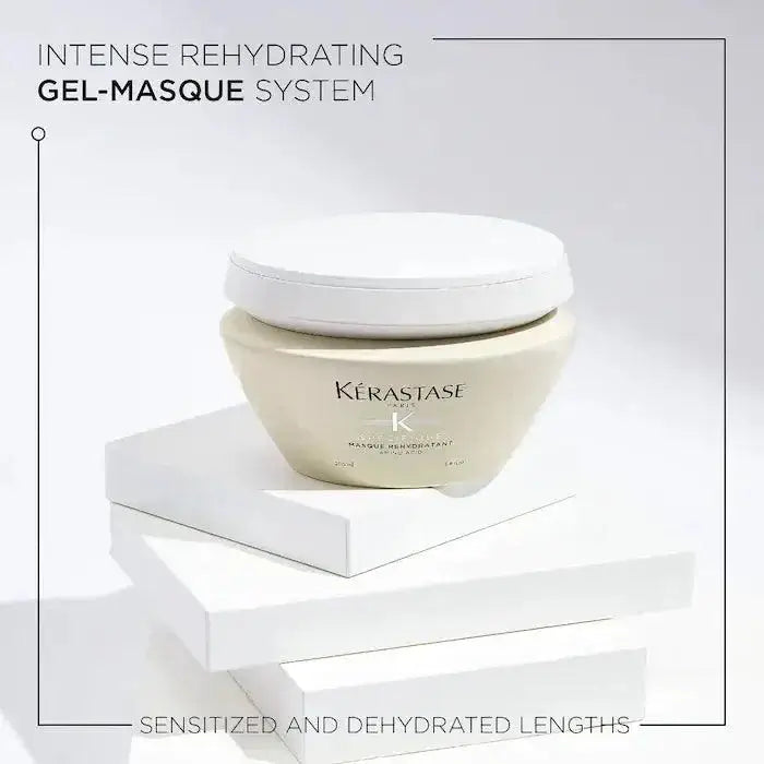 Kérastase Spécifique Masque Réhydratant for dry, sensitive scalps; intense rehydrating gel-mask system for soft, manageable hair.