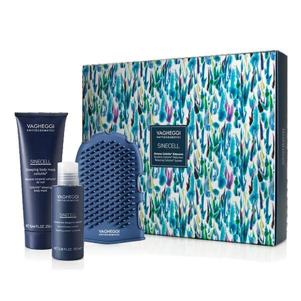 Kit Sinecell with concentrated smoothing gel and night body mask for cellulite, includes massage glove, 100ml and 250ml sizes.
