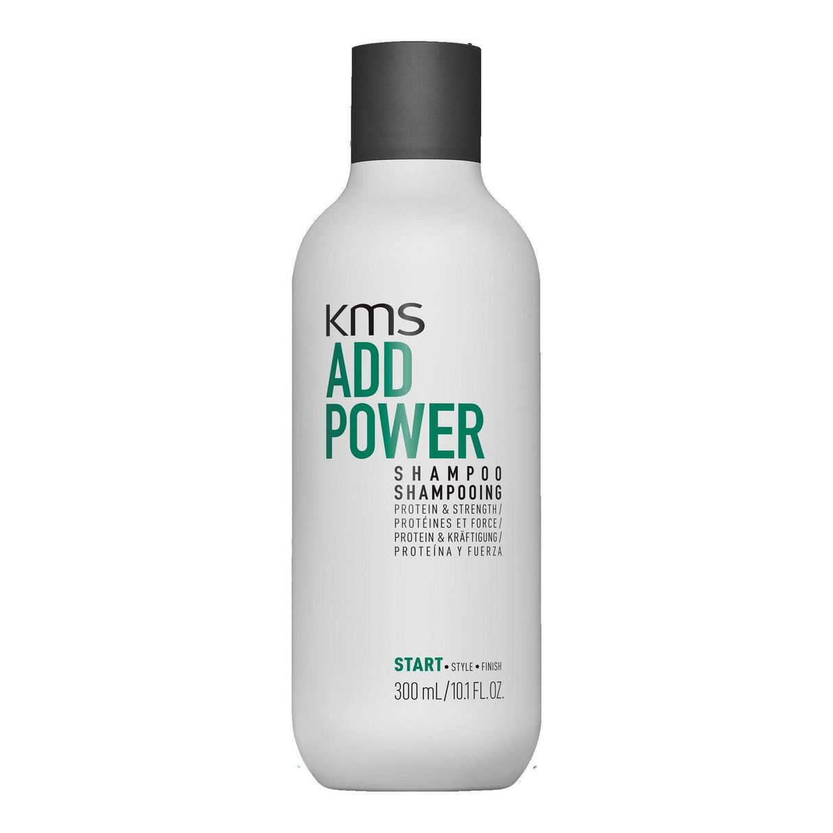 KMS Add Power Shampoo 300ml bottle, strengthens fine hair with rice protein and white tea extract for versatile styling.