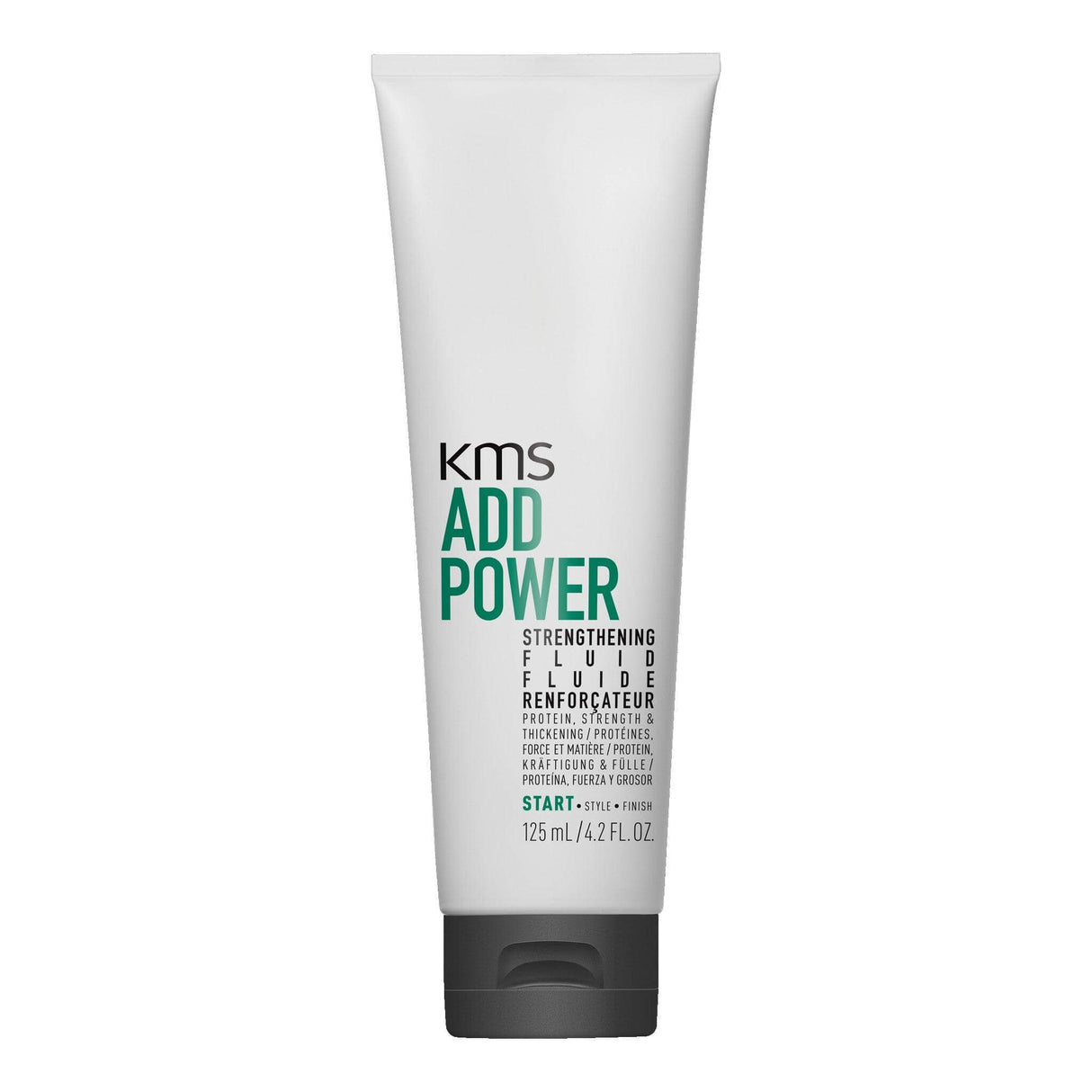 KMS Addpower Strengthening Fluid 125ml tube, enhances hair strength and protects from heat styling damage, lightweight formula.