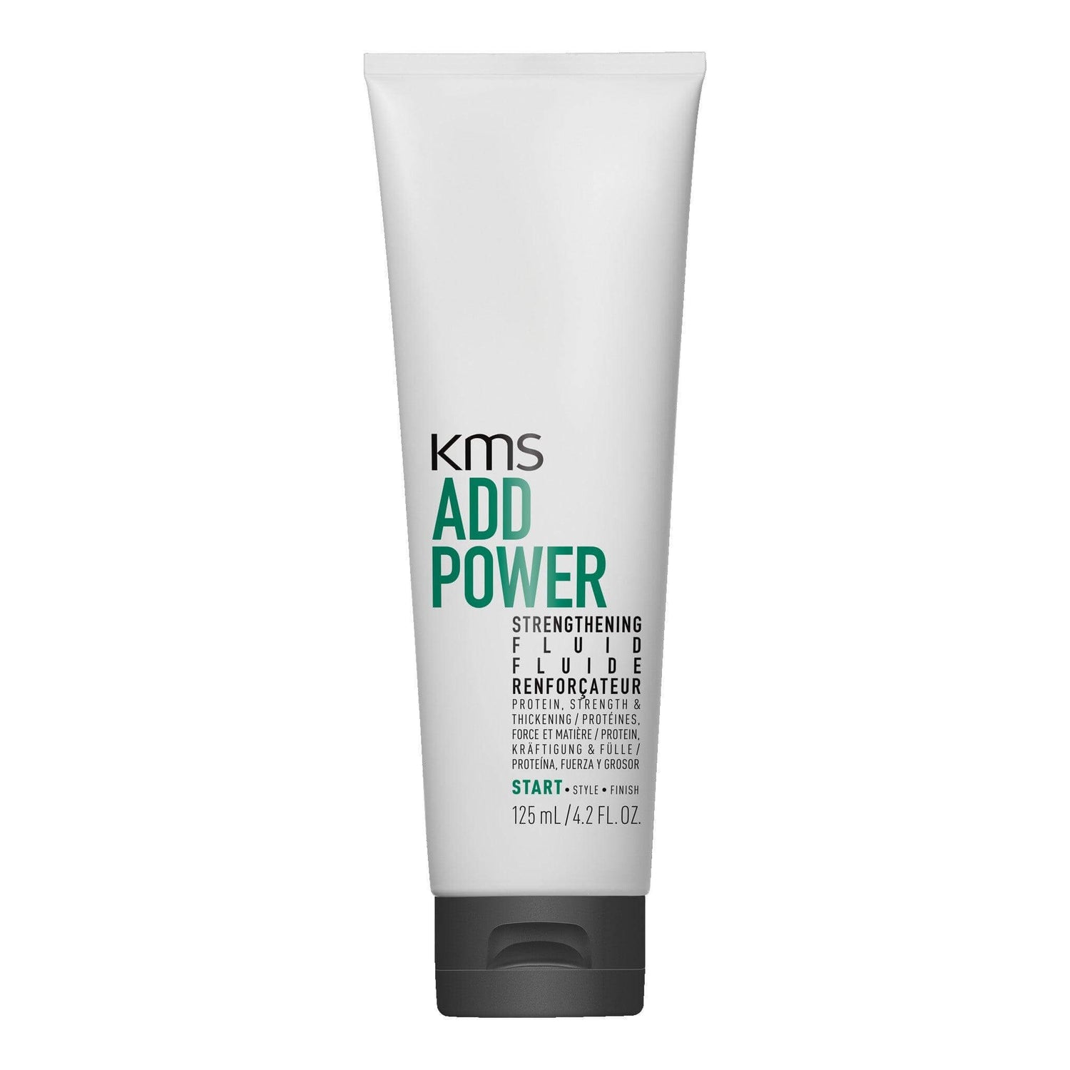 KMS Addpower Strengthening Fluid 125ml tube, enhances hair strength and protects from heat styling damage, lightweight formula.