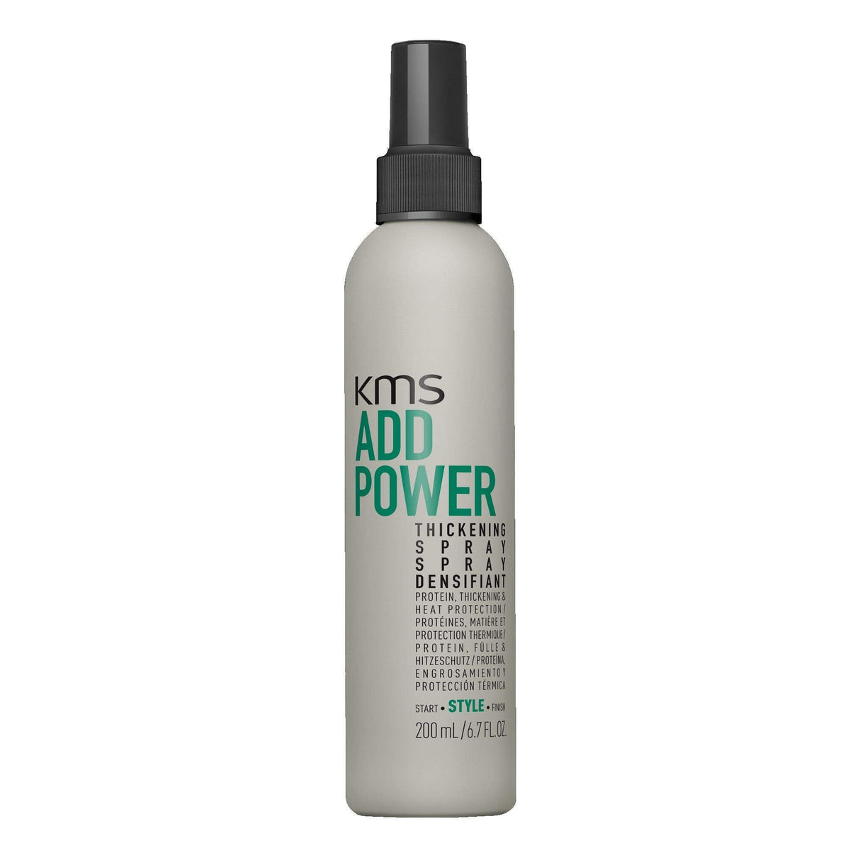 KMS Addpower Thickening Spray 200ml bottle for thin and fine hair, enhances volume and protects against heat damage.
