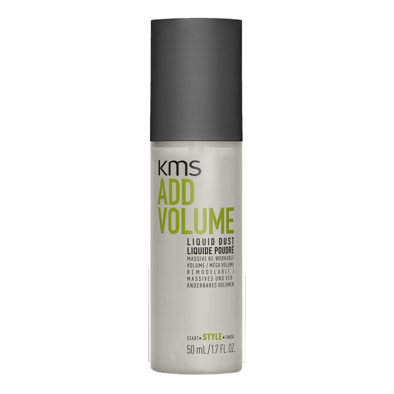 KMS Addvolume Liquid Dust 50ml bottle for enhancing hair volume and stability with eucalyptus and cinnamon scent.