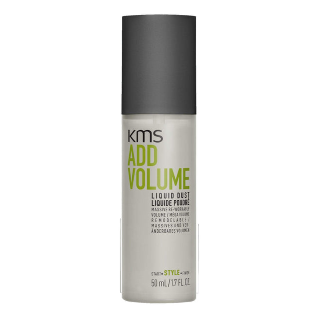 KMS Addvolume Liquid Dust 50ml bottle for enhancing hair volume and stability with eucalyptus and cinnamon scent.