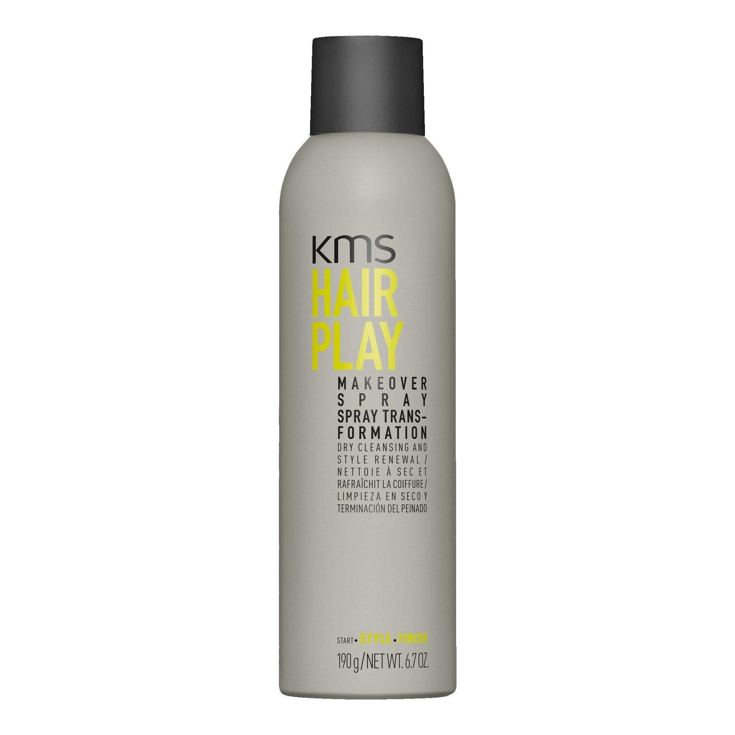 KMS Hairplay Makeover Spray 250ml for dry cleansing and styling, revitalizes flat or day-old hair, ideal for quick refresh and between washes.