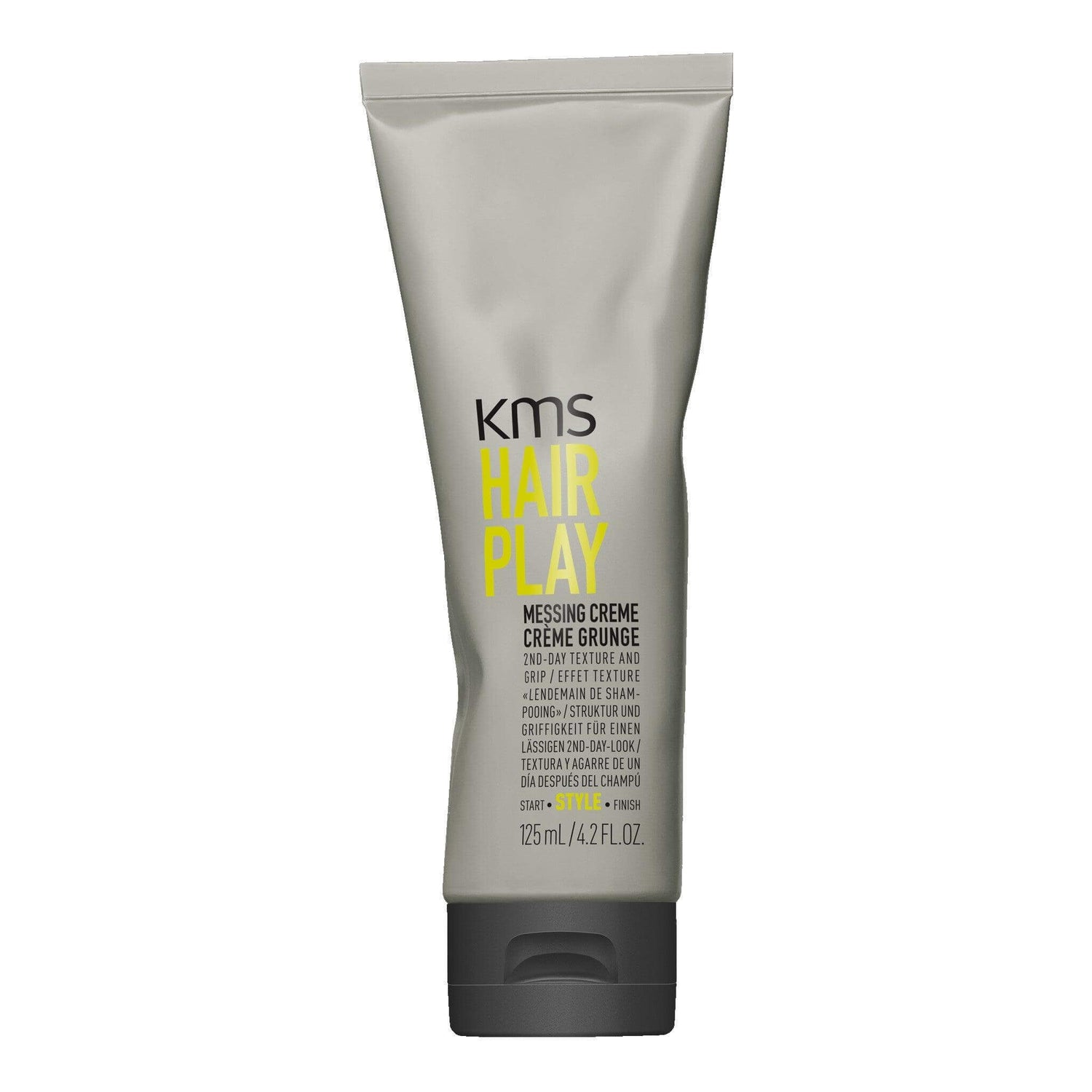 KMS Hairplay Messing Creme 125ml tube for gripping textured hair, enhancing fine roots with day-after grit. Product image.