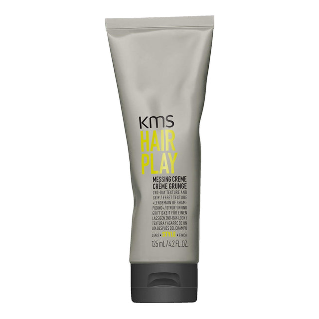 KMS Hairplay Messing Creme 125ml tube for gripping textured hair, enhancing fine roots with day-after grit. Product image.