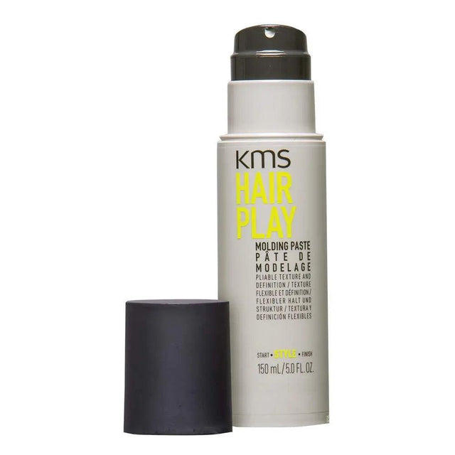 KMS Hairplay Molding Paste for texture and flexible hold on medium to coarse hair, 150ml bottle with open cap.