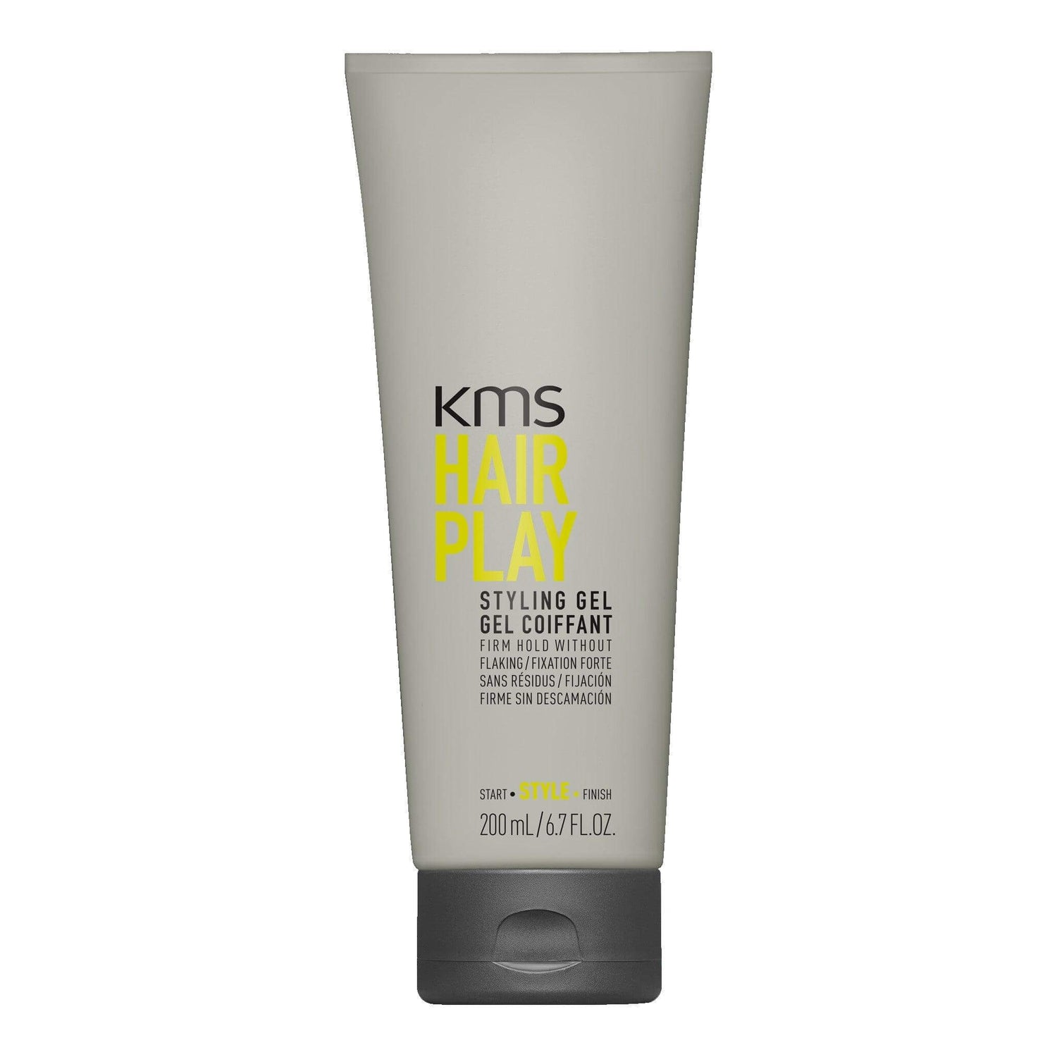 KMS Hairplay Styling Gel 200ml bottle offering glossy finish, strong hold, and flake-free formula for excellent hair control.