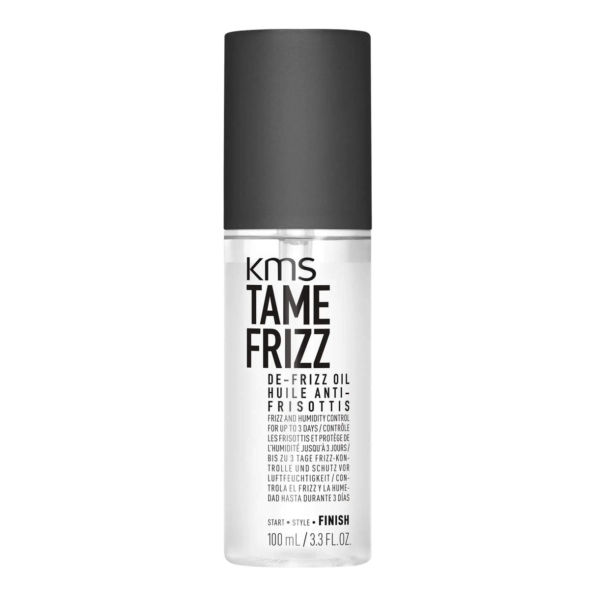 Kms Tamefrizz De-frizz Oil 100ml bottle for frizz and humidity control, smoothes hair surface, lightweight and non-greasy formula.