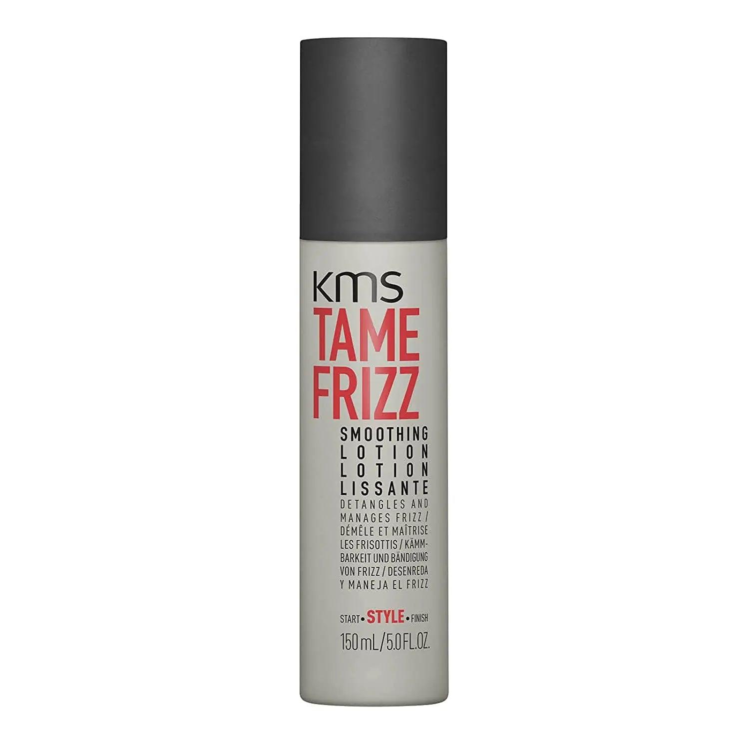 KMS Tamefrizz Smoothing Lotion 150ml bottle for minimizing frizz and flyaways with innovative shaping blend.