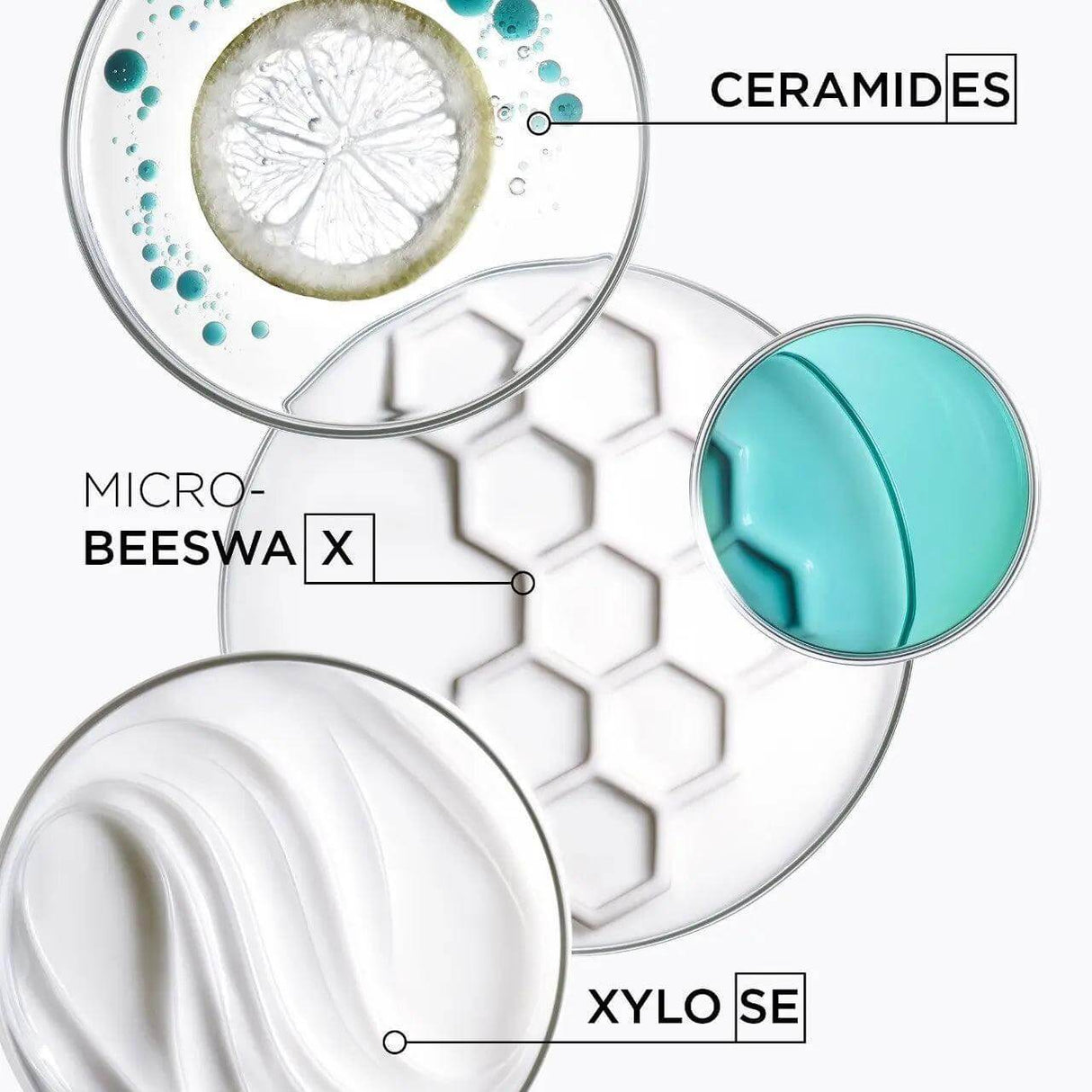 Diagram highlighting ceramides, micro beeswax, and xyloses in hair care product formula.
