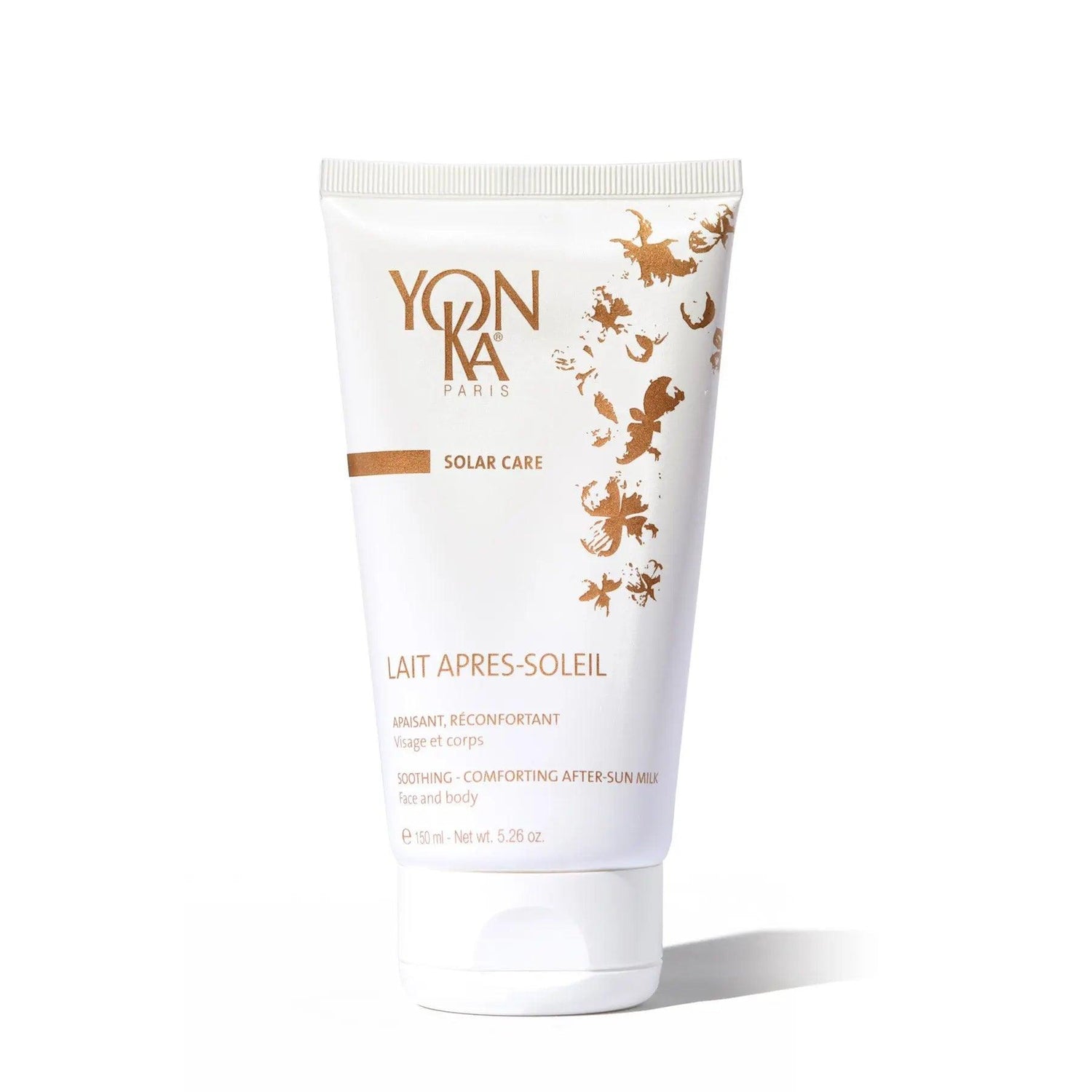 Yonka Lait Apres-Soleil soothing after-sun milk in white bottle, designed to hydrate and rejuvenate skin after sun exposure.
