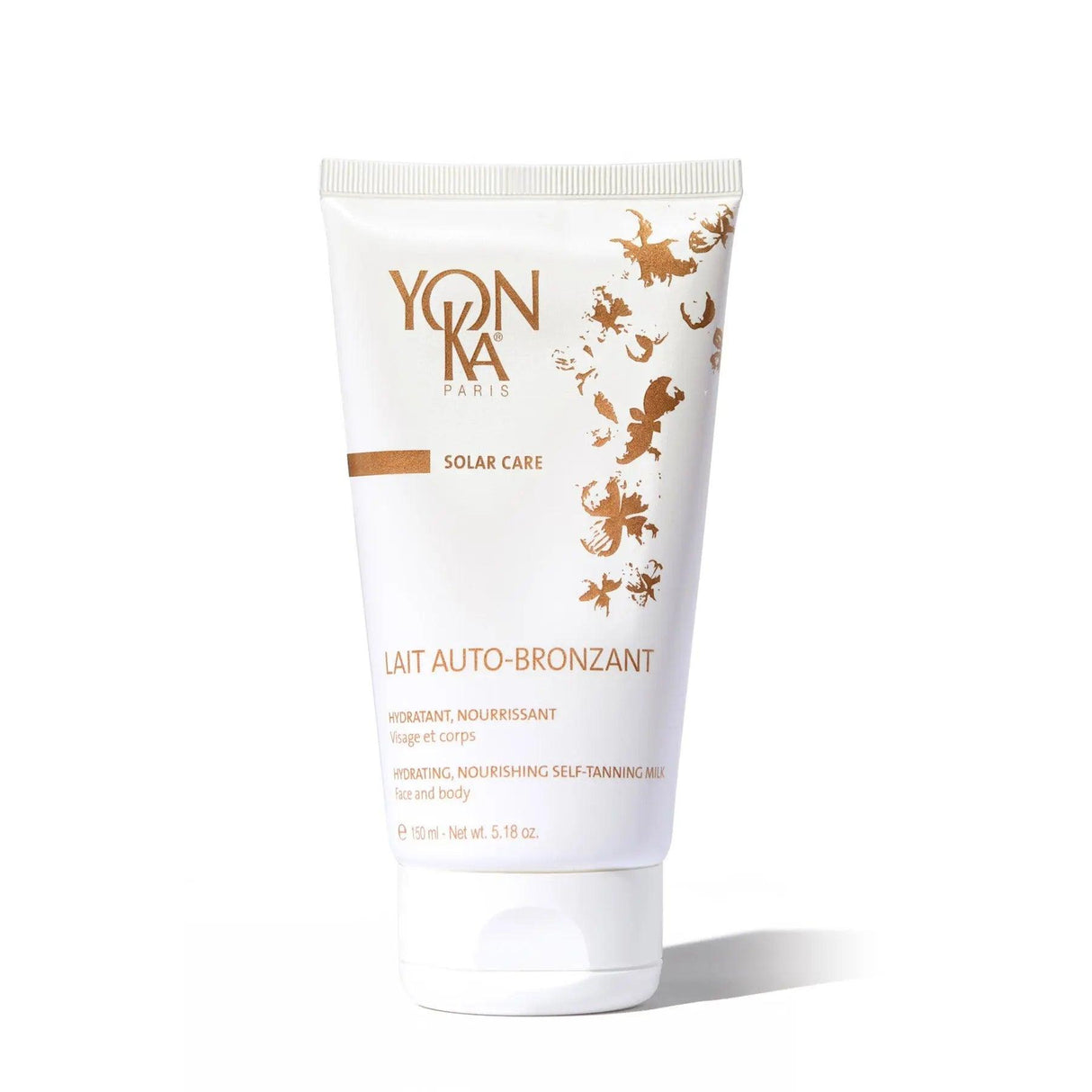 Yonka Lait Auto-Bronzant Self-Tanning Milk for natural tan and hydration, suitable for all skin types, 5.18 oz tube.