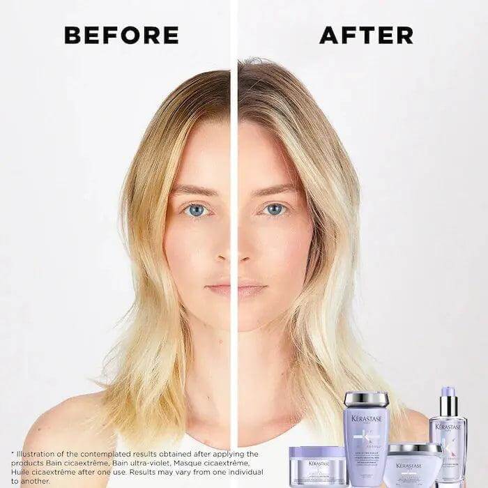 Before and after results using Kerastase Le Bain Cicaextreme shampoo for repairing dry, damaged hair.