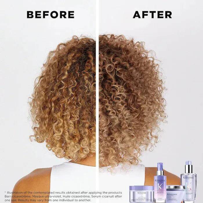 Before and after results with Kerastase Le Bain Cicaextreme shampoo on curly hair showing improved texture and reduced frizz.