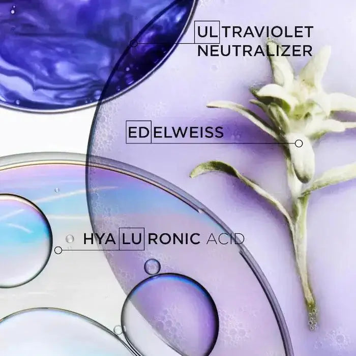 Illustration showing key ingredients ultraviolet neutralizer, edelweiss, and hyaluronic acid for hair care product.