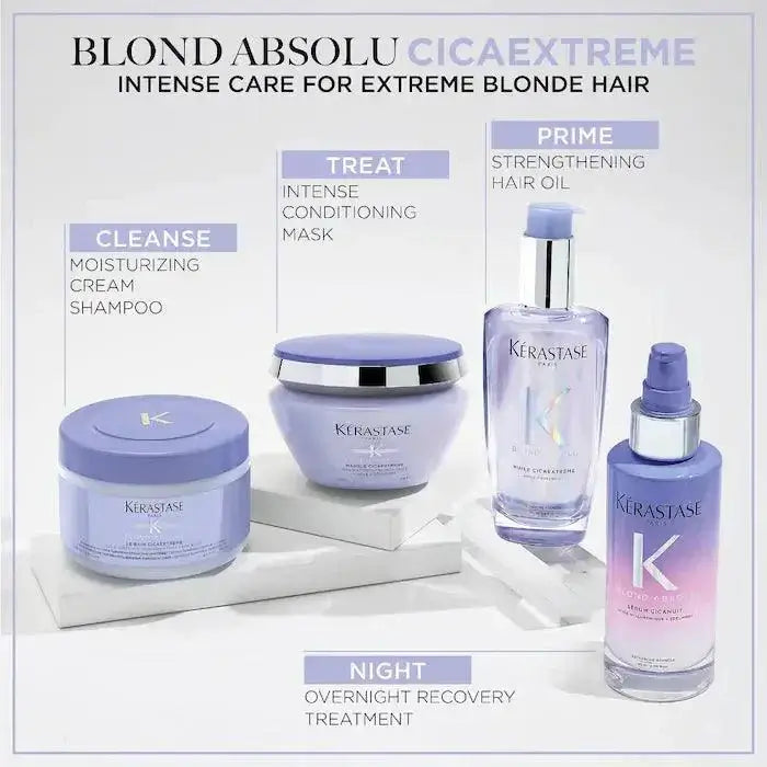Kerastase Blond Absolu Cicaextreme hair care products for extreme blonde hair including shampoo, conditioning mask, and hair oil.