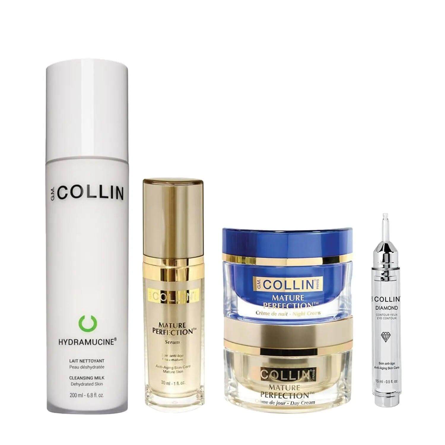 Lifting & Smoothing Bundle for Dry Skin, featuring cleanser, serum, day cream, night cream, and eye contour cream for mature skin.