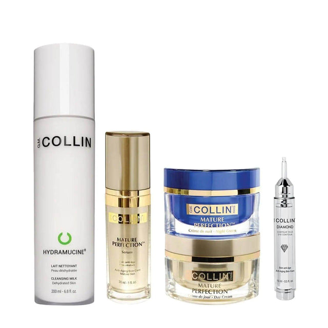 Lifting & Smoothing Bundle for Dry Skin, featuring cleanser, serum, day cream, night cream, and eye contour cream for mature skin.