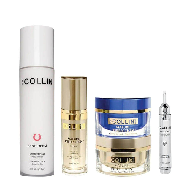 Lifting & Smoothing Bundle for Normal/Combination Skin (50+), featuring Sensiderm Cleansing Milk, Mature Perfection Serum, Day, Night, and Eye Cream.
