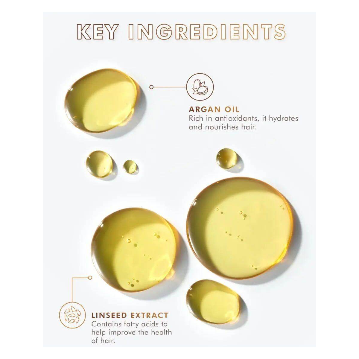 Argan oil and linseed extract key ingredients for lightweight hair treatment, showcasing nourishing and hydrating properties.