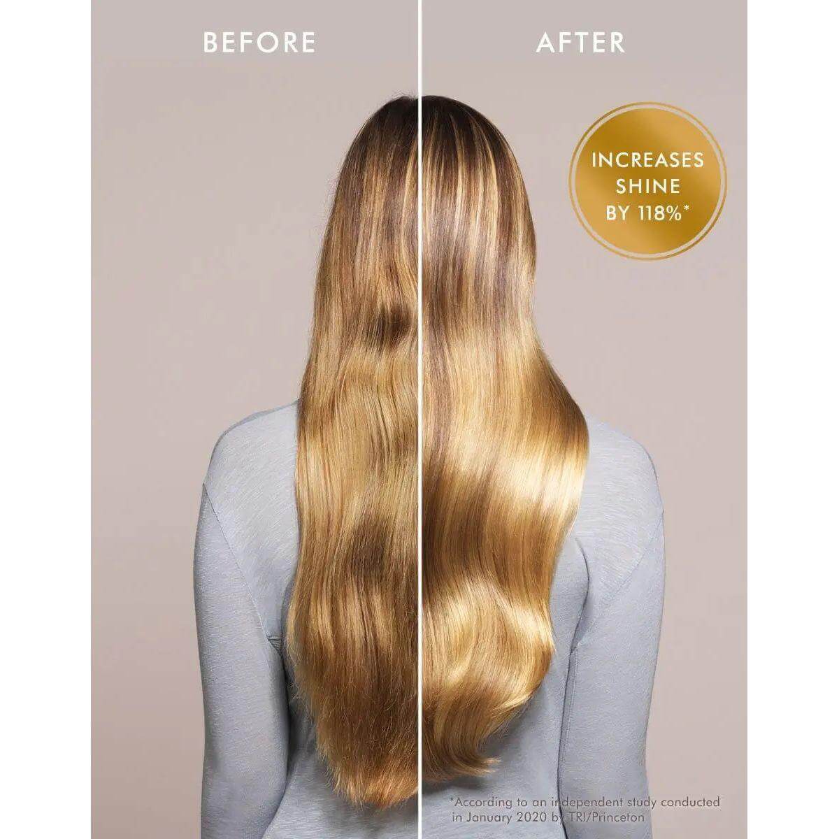 Before and after comparison of hair treated with argan oil product, showing increased shine and reduced frizz by 118%.