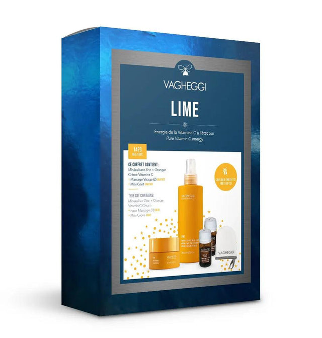 Lime Christmas Gift Set with Mineralizer Zinc, Orange Vitamin C Cream, and Face Massage Mini Glove in vibrant packaging.