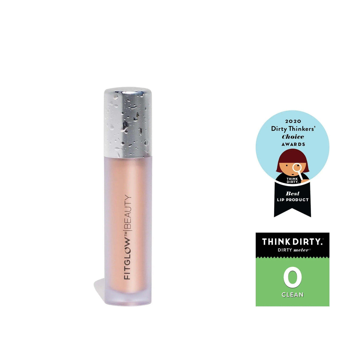 Award-winning Fitglow Beauty Lip Colour Serum with nourishing, plumping ingredients and clean beauty certification badges.