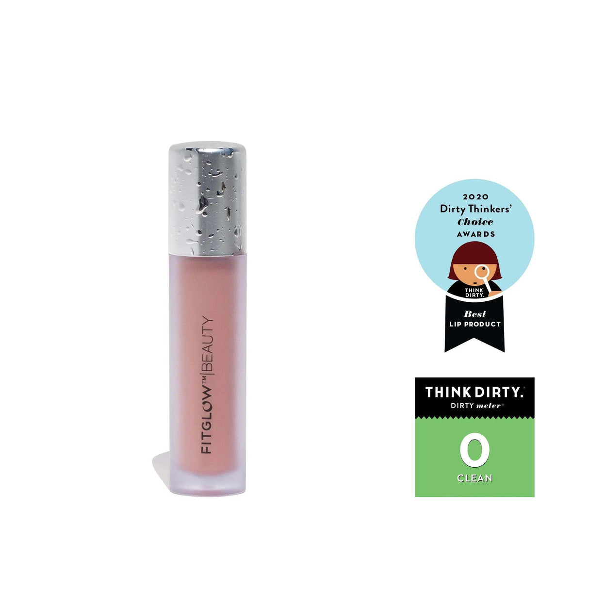Lip Colour Serum with natural ingredients for hydration and color, featuring award badges from 2020 Dirty Thinkers' Choice and Think Dirty.